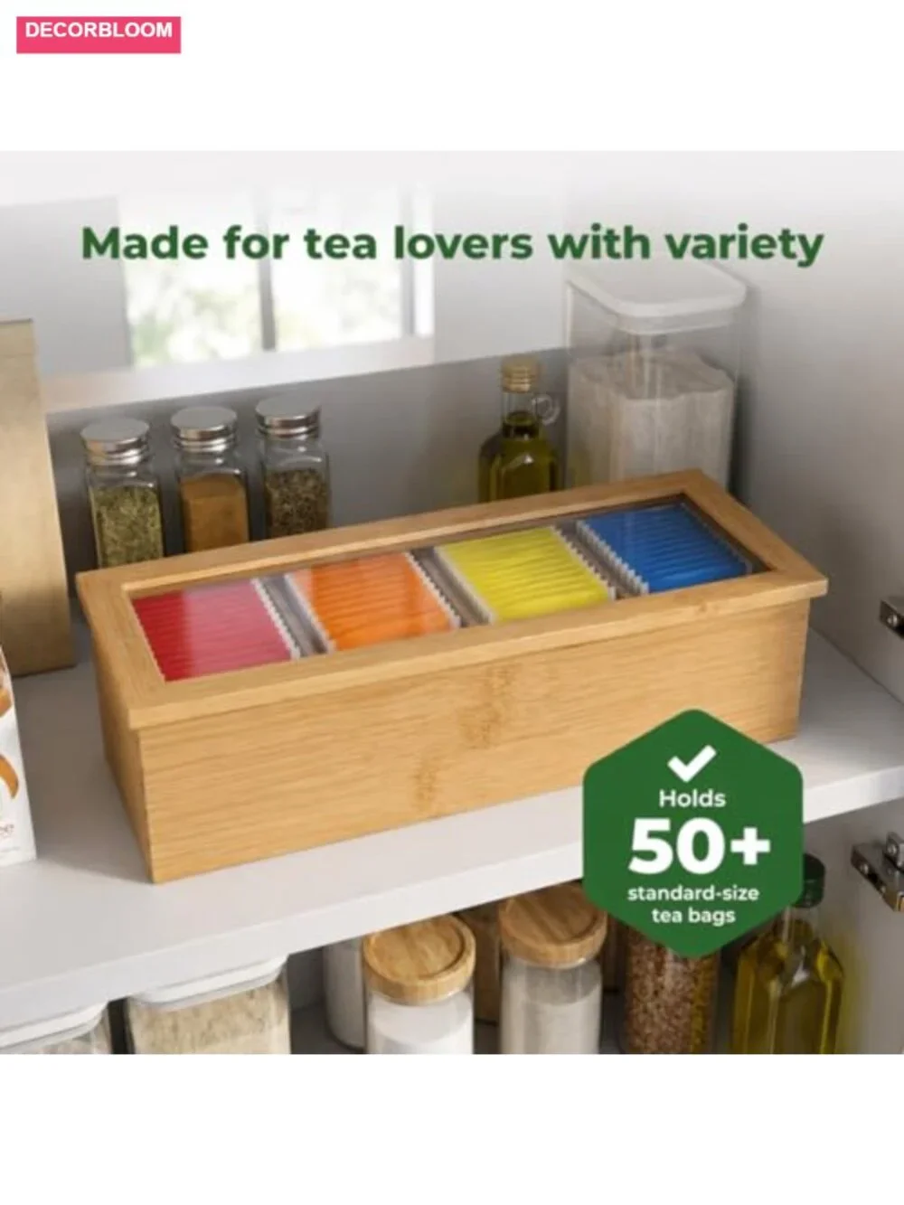 Bamboo Tea Bag Organizer with Acrylic Lid - Tea Storage Box for Counter or
